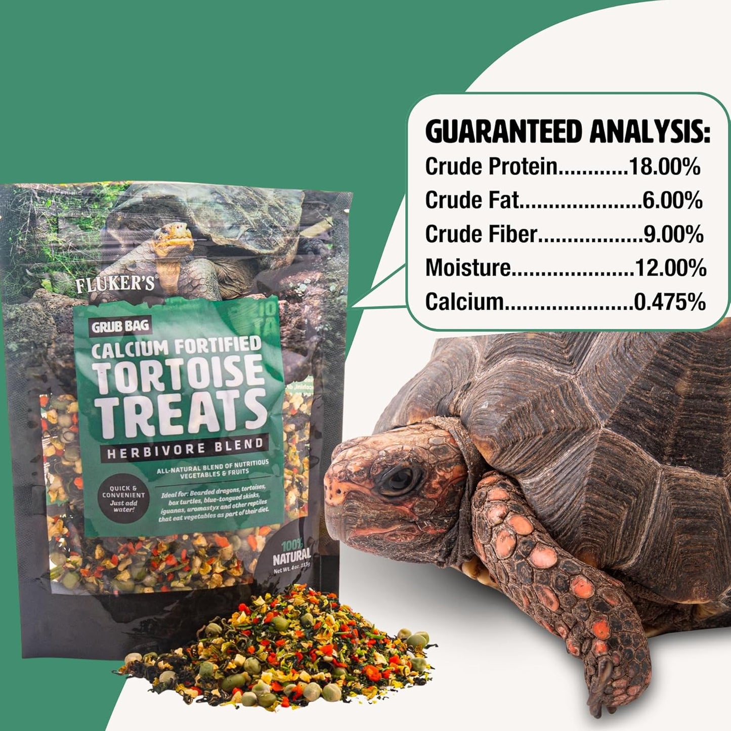 Fluker's Grub Bag Calcium Fortified Tortoise Treats, All Natural Herbivore Blend Fruits and Vegetables, for Tortoise and Herbivore Pets, 4 oz