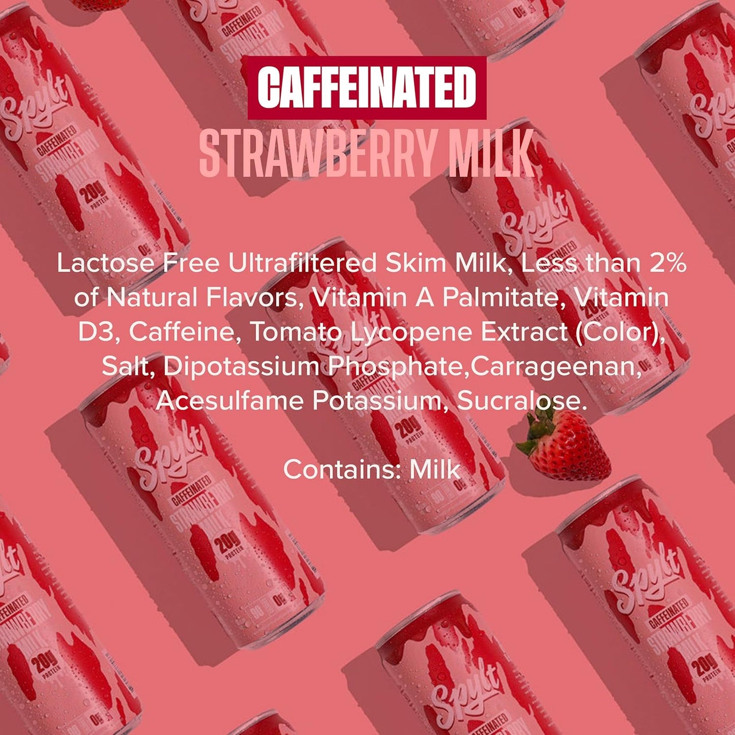 High Protein Strawberry Milk with 60mg Caffeine & 20g Protein - Ready to Drink, Sugar Free, Lactose Free Milk, Perfect for Workout Recovery & Afternoon Pick Me Up Protein Shake - 12 Count