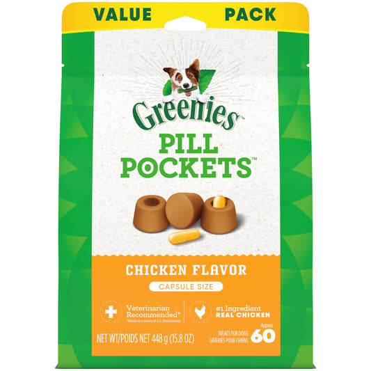 Greenies Pill Pockets for Dogs Capsule Size Natural Soft Dog Treats Chicken Flavor, 15.8 oz. Pack (60 Treats)