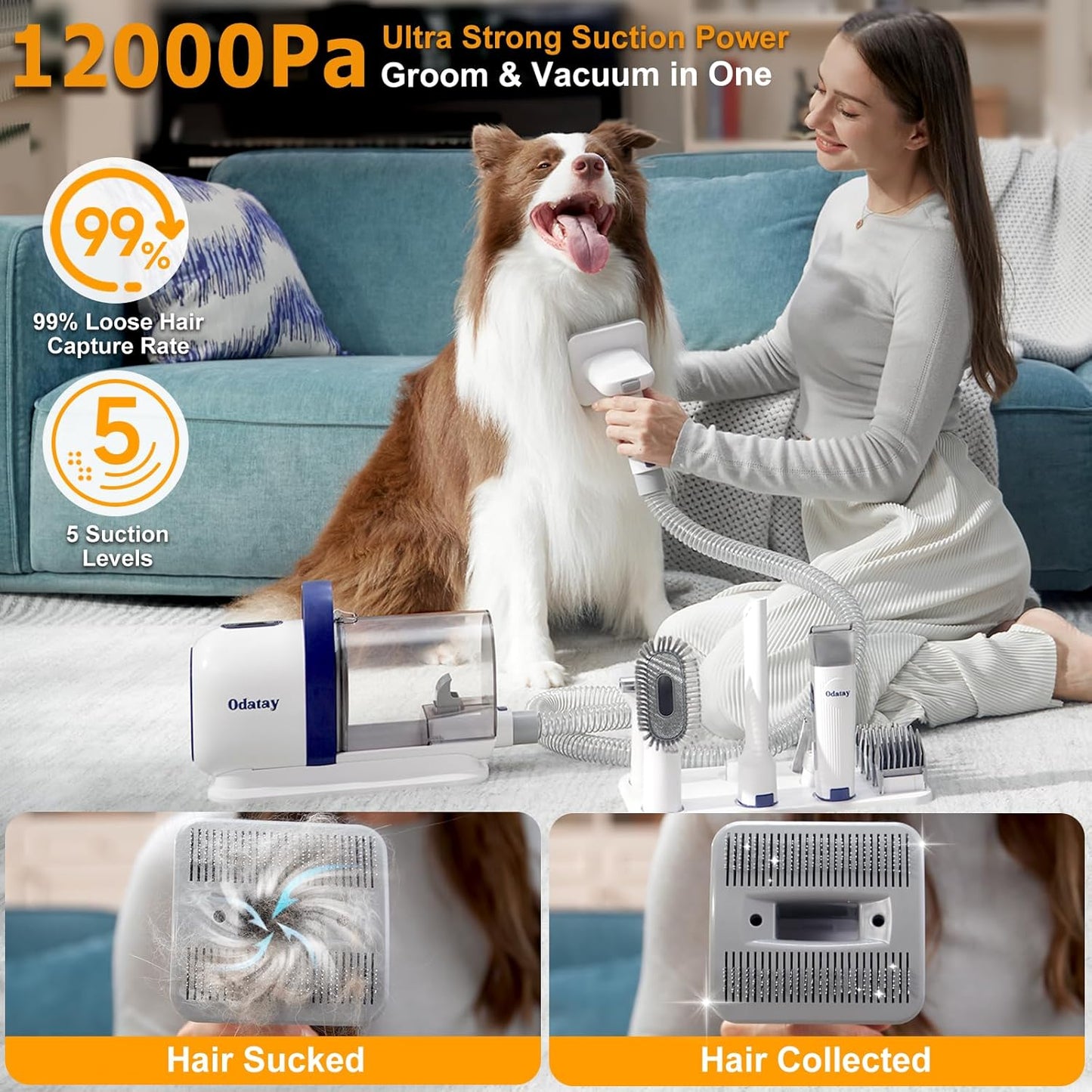 Dog Grooming Kit, 12,000Pa Strong Pet Grooming Vacuum for Dogs with Clipper Nail Grinder, 2L Dust Cup, 5 Suction Levels Dog Hair Vacuum with 7 Pet Grooming Tools for Shedding and Home Cleaning