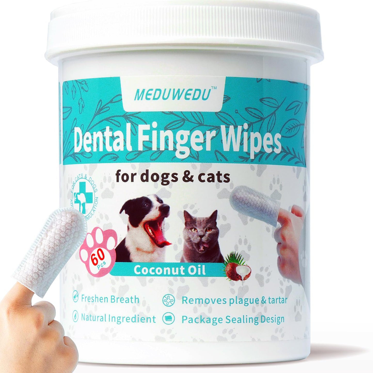 Dental Care Finger Wipes 60 Counts,Teeth Cleaning Finger Wipes for Dogs & Cats,Reduces Plaque & Freshens Breath, Coconut Scent