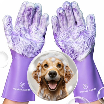 Dog Washing Gloves with Bristle Scrubbers, Reusable Silicone Gloves Ideal for Pet Bathing, Massaging & Grooming (Purple)