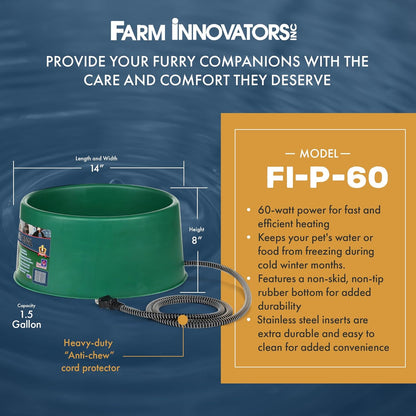 Farm Innovators 1.5 Gallon 60 Watt Electric Powered Heated Pet Water Bowl with Thermostatic Control and Anti Chew Cord, Green