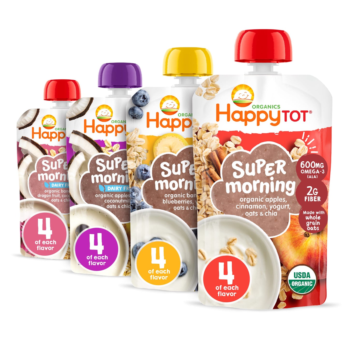 Happy Tot Organics Stage 4 Baby Food Pouches, Gluten Free, Super Morning Fruit & Oat Variety Pack Blend 4 Oz (Pack of 16), Amazon Exclusive