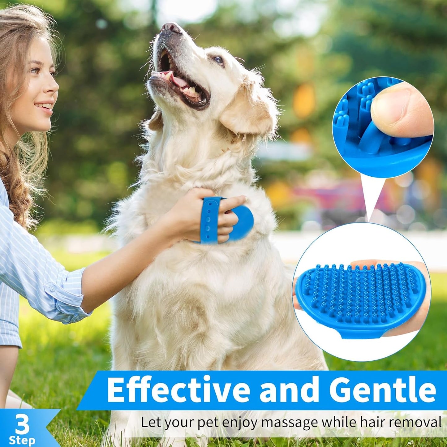 Comotech 3PCS Dog Bath Brush | Dog Shampoo Brush | Dog Scrubber for Bath | Dog Bath Brush Scrubber | Dog Shower/Washing Brush with Adjustable Ring Handle for Short & Long Hair (Blue Blue Blue)