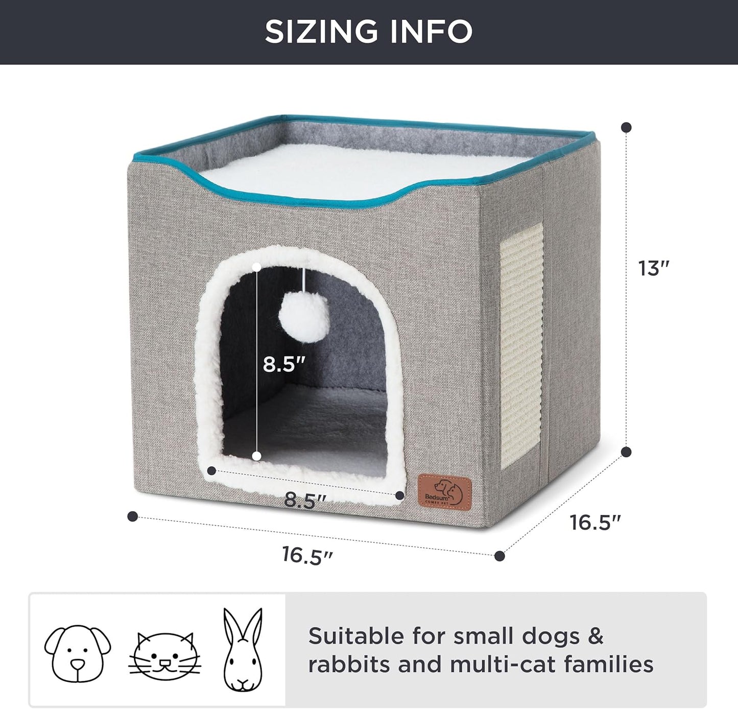 Bedsure Cat Beds for Indoor Cats - Large Cat Cave for Pet Cat House with Fluffy Ball Hanging and Scratch Pad, Foldable Cat Hideaway,16.5x16.5x13 inches, Grey