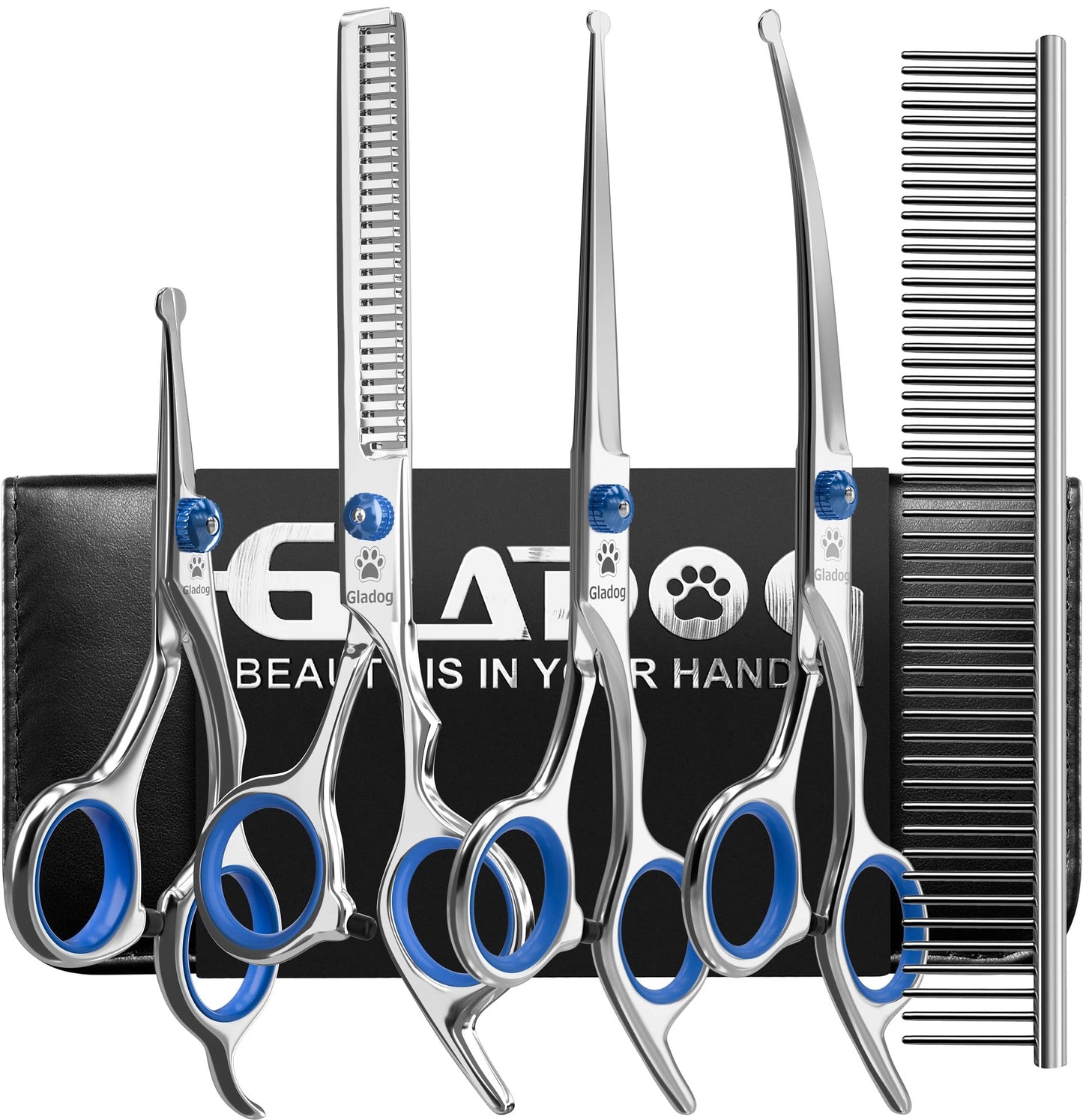 Dog Grooming Scissors Kit with Safety Round Tips, GLADOG Professional 6 in 1 Grooming Scissors for Dogs, Sharp and Heavy-duty Dog Grooming Shears for Dogs Cats Pets