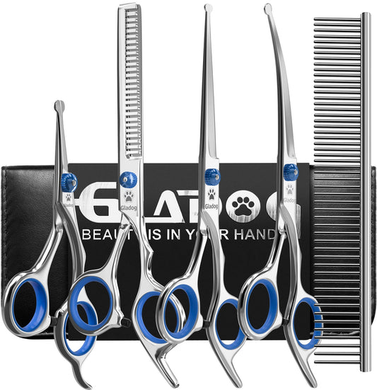 Dog Grooming Scissors Kit with Safety Round Tips, GLADOG Professional 6 in 1 Grooming Scissors for Dogs, Sharp and Heavy-duty Dog Grooming Shears for Dogs Cats Pets