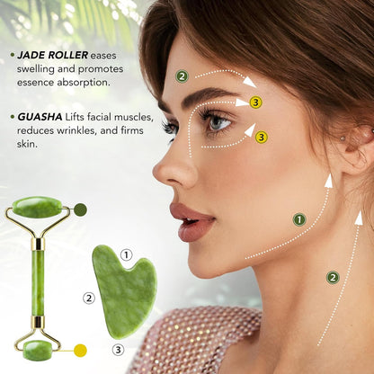 huefull Gua Sha Facial Tools & Jade Roller Set for Skin Care, Reduce Puffiness and Improve Wrinkles, Guasha Tool for Face, Gua Sha Stone Self Care Gift for Woman Man, Christmas Gifts