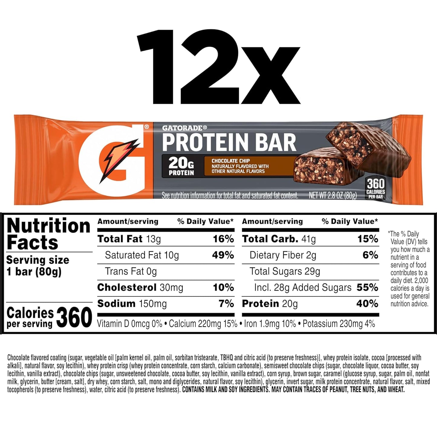 Gatorade Whey Protein Recover Bars, Chocolate Chip, 2.8 ounce(Pack of 12)