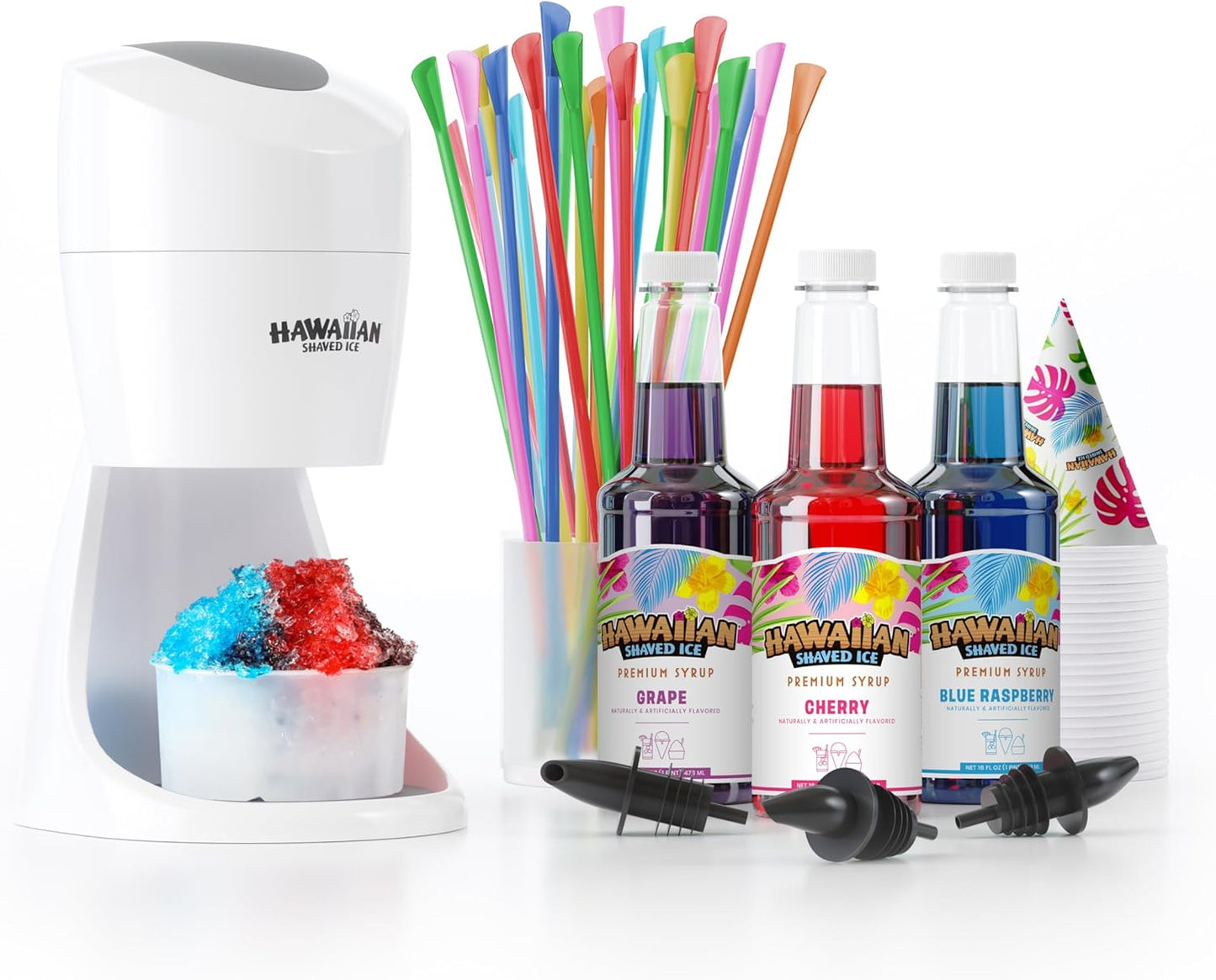 Hawaiian Shaved Ice Maker Kit - Home Snow-Like Dessert Machine for Kids with Cherry, Grape, Blue Raspberry Syrups - 25 Cups, Spoon Straws & Bottle Pourers - Silky Smooth Frozen Treat System