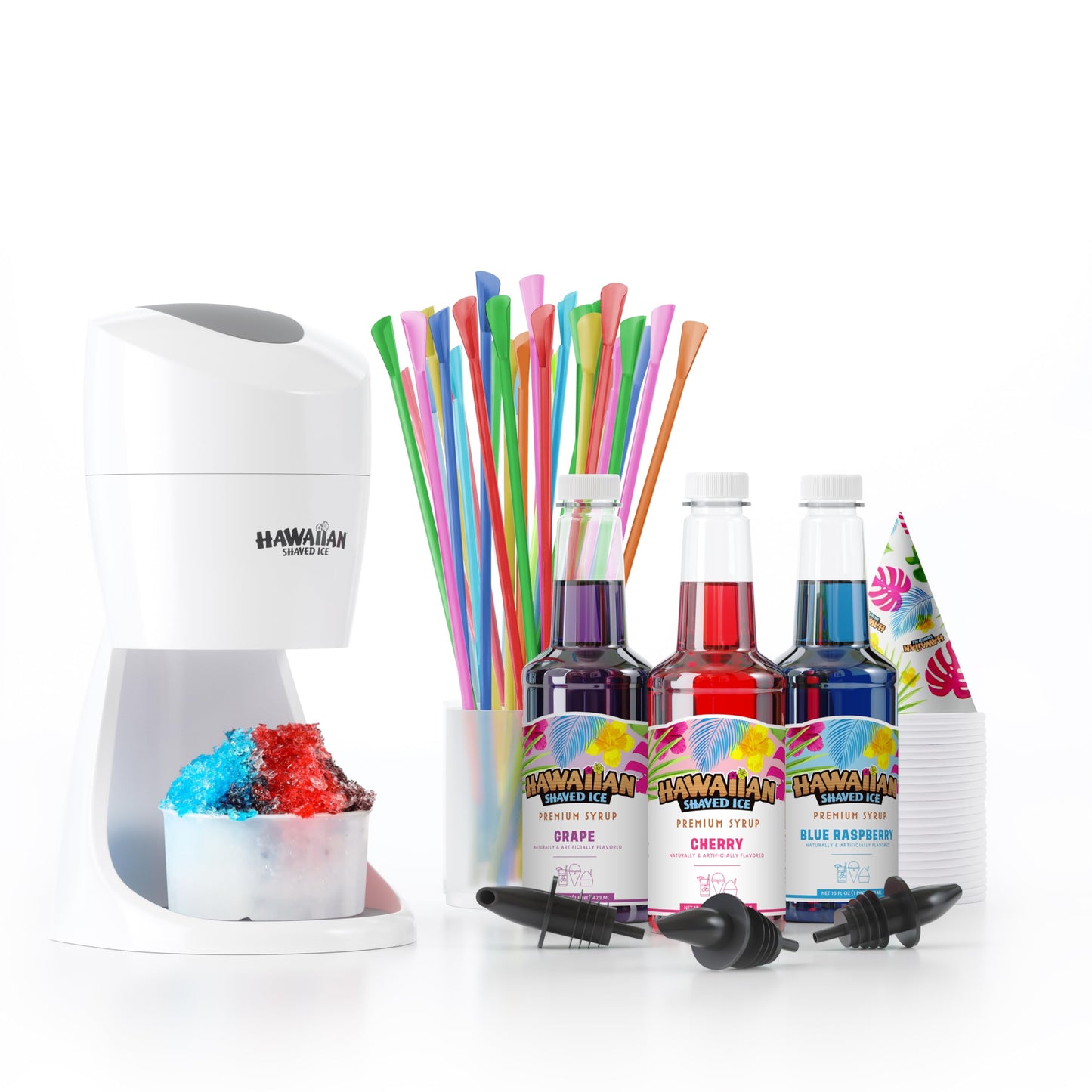 Hawaiian Shaved Ice Maker Kit - Home Snow-Like Dessert Machine for Kids with Cherry, Grape, Blue Raspberry Syrups - 25 Cups, Spoon Straws & Bottle Pourers - Silky Smooth Frozen Treat System