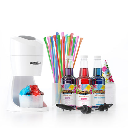 Hawaiian Shaved Ice Maker Kit - Home Snow-Like Dessert Machine for Kids with Cherry, Grape, Blue Raspberry Syrups - 25 Cups, Spoon Straws & Bottle Pourers - Silky Smooth Frozen Treat System