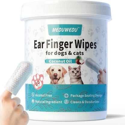 Ear Cleaner Finger Wipes 60 Counts, Dog Ear Cleaner, Grooming Kit Care for Dogs and Cats, Soft & Easy Otic Cleaning Pads, Remove Wax, Dirt & Stop Smelly, Itchy, Non-Irritating, Coconut Scent