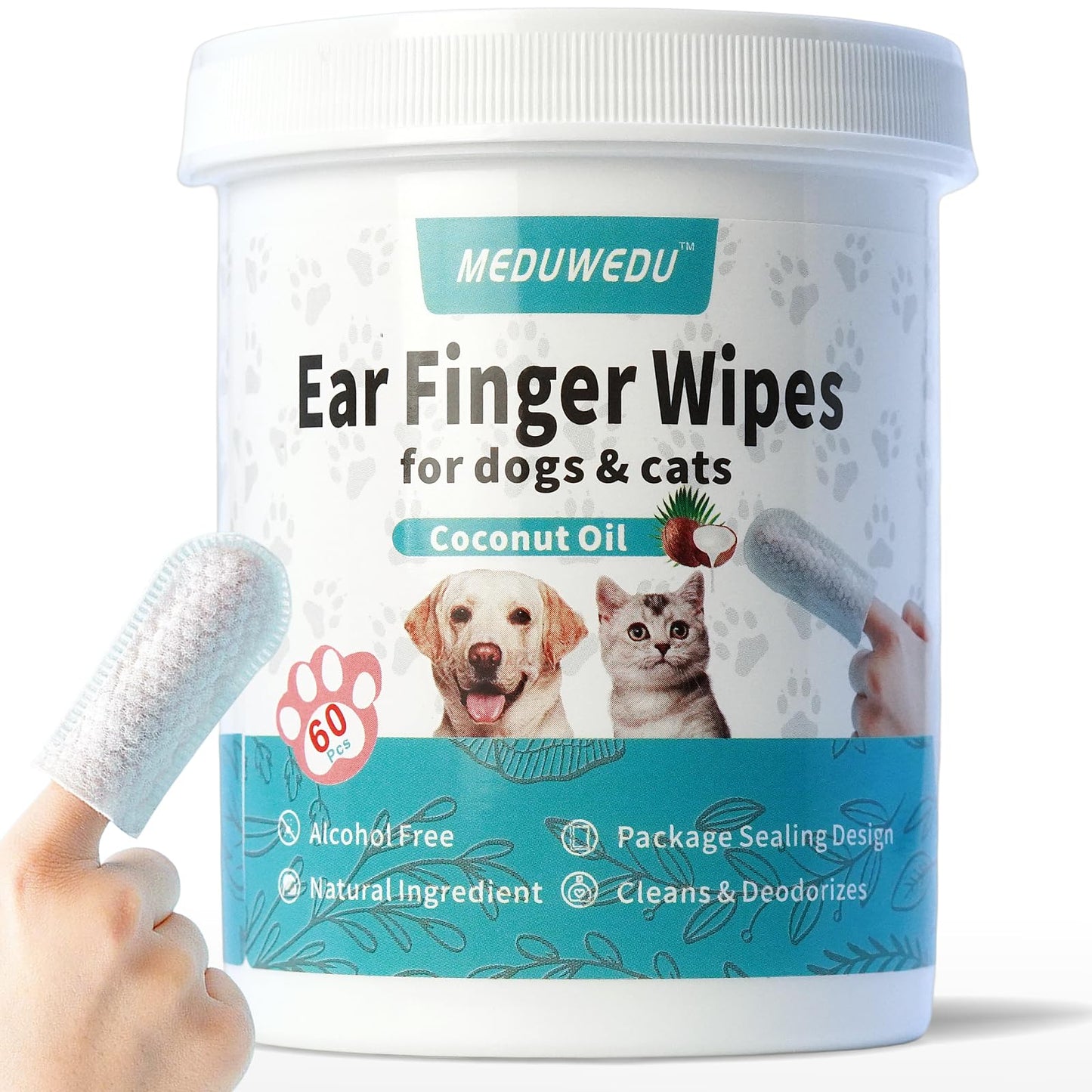 Ear Cleaner Finger Wipes 60 Counts, Dog Ear Cleaner, Grooming Kit Care for Dogs and Cats, Soft & Easy Otic Cleaning Pads, Remove Wax, Dirt & Stop Smelly, Itchy, Non-Irritating, Coconut Scent