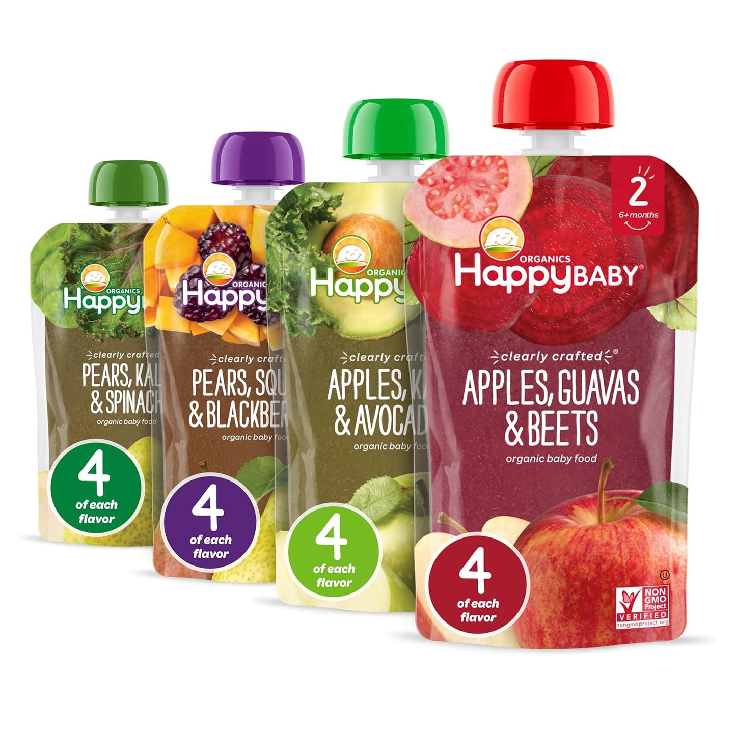 Happy Baby Organics Stage 2 Baby Food Pouches, Gluten Free, Vegan & Healthy Snack, Clearly Crafted Fruit & Veggie Puree, Fruit & Veggie Variety Pack, 4 Ounces (Pack of 16), Amazon Exclusive