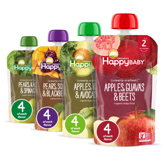 Happy Baby Organics Stage 2 Baby Food Pouches, Gluten Free, Vegan & Healthy Snack, Clearly Crafted Fruit & Veggie Puree, Fruit & Veggie Variety Pack, 4 Ounces (Pack of 16), Amazon Exclusive