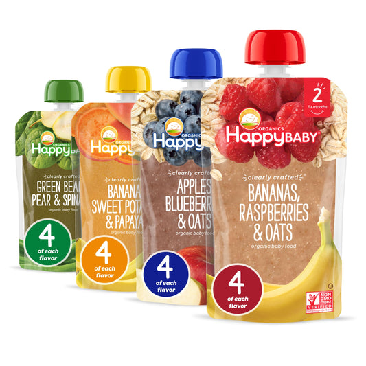 Happy Baby Organics Stage 2 Baby Food Pouches, Gluten Free, Vegan & Healthy Snack, Clearly Crafted Fruit & Veggie Puree, Fruit & Veggie Variety Pack, 4 Ounces (Pack of 16), Amazon Exclusive