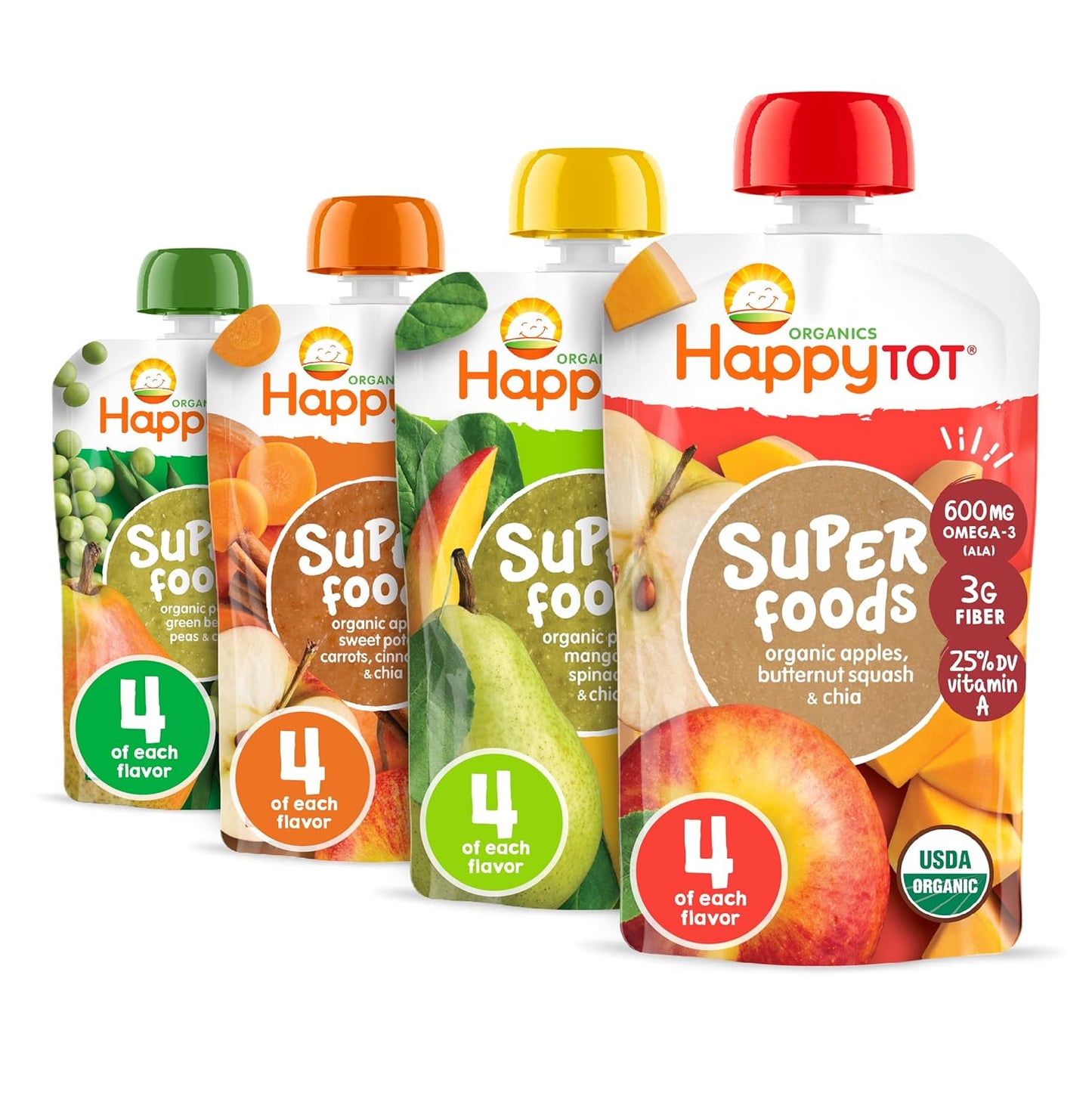 Happy Tot Organics Stage 4 Baby Food Pouches, Gluten Free, Vegan Snack, SuperFoods Fruit & Veggie Puree & Chia Variety Pack, 4.22 Ounce (Pack of 16), Amazon Exclusive