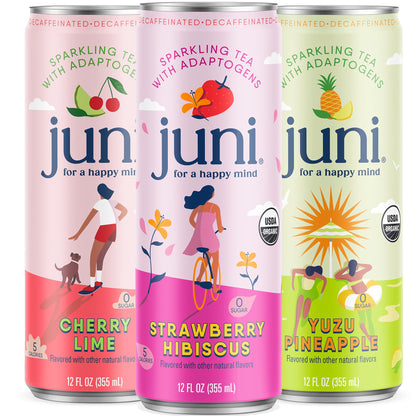 Juni Sparkling Adaptogen Drink - Zero Sugar, 5 Calories, Super Blend of Ashwagandha, Reishi Mushrooms, Lion’s Mane Mushroom with Green Tea for Focus, Non Alcoholic Drink, Decaffeinated,12oz Cans – Variety Pack (12 Pack)