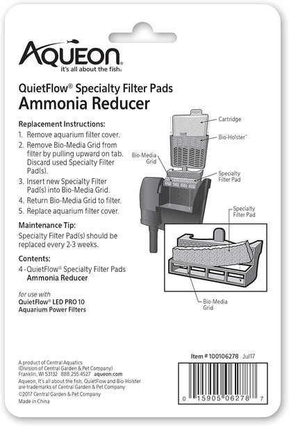 Aqueon QuietFlow LED PRO Ammonia Reducer 4 Count Filter Pads for Model 10