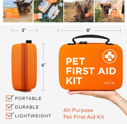 Dog First Aid Kit | Vet Approved Dog & Cat Emergency Supplies with Thermometer, Muzzle, Tick Removal, Flashlight, Mini Pouch, and Comprehensive Care Guide for Travel and Outdoor Use