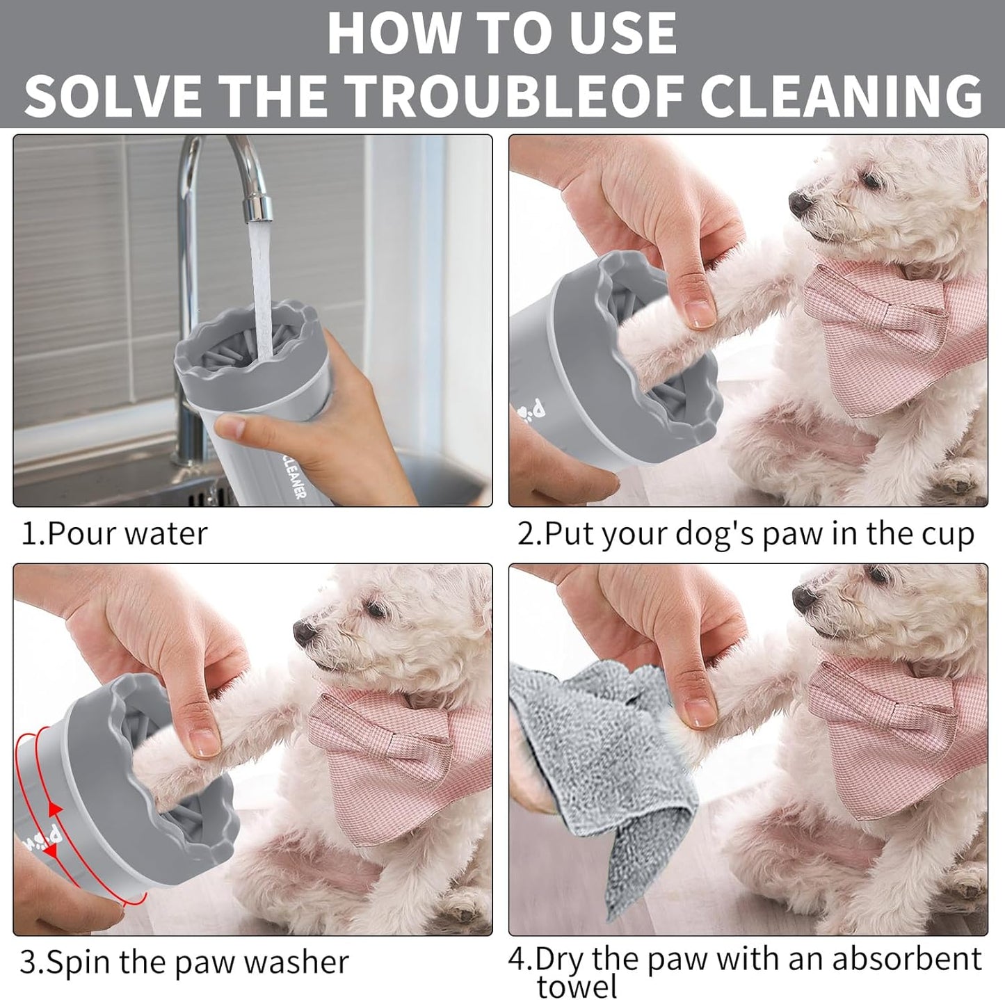 Comotech Portable Pet Paw Washer and Foot Cleaner with Silicone Brush, 3 Absorbent Towels for Small Dogs (Grey)