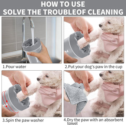 Comotech Portable Pet Paw Washer and Foot Cleaner with Silicone Brush, 3 Absorbent Towels for Small Dogs (Grey)