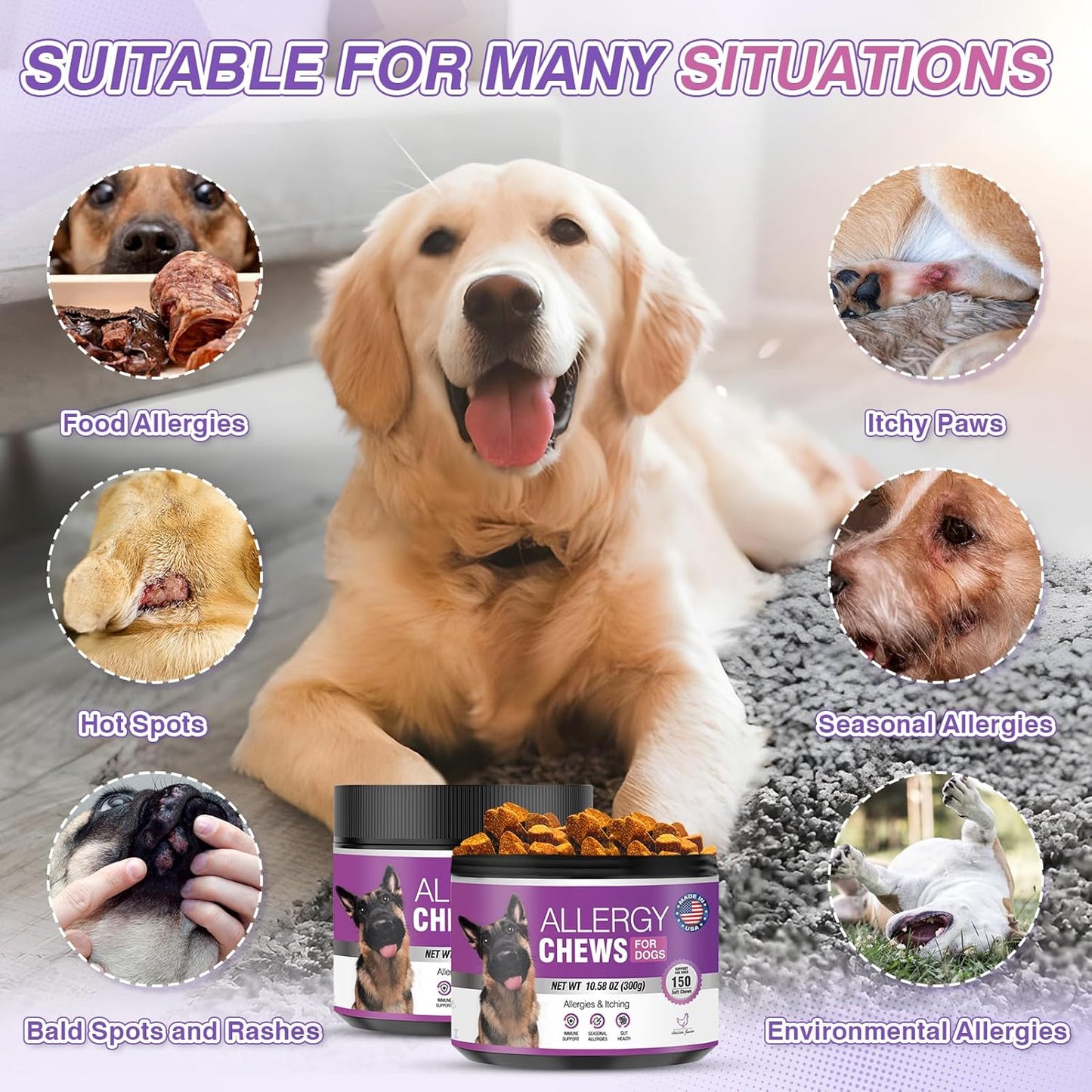 Dog Allergy Chews 300Treats Dog Allergy and Itching Skin Relief Anti Itch Aller Immune Bites for Dogs Itching Itchy Paw Relief Itch Allergy Probiotics Support Chew Vitamins for Skin and Coat Allergies