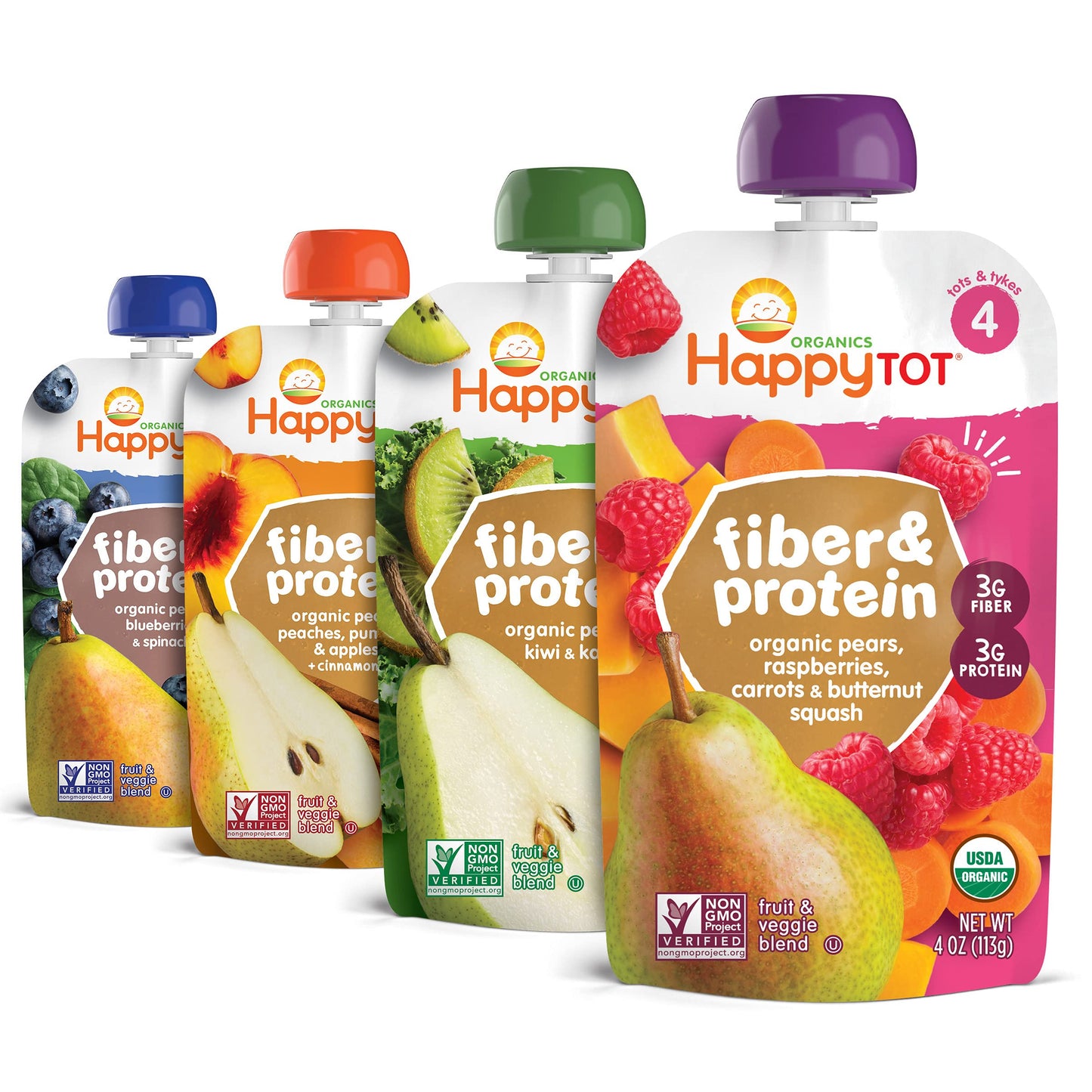 Happt Tot Organics Stage 4 Baby Food Pouches, Gluten Free, Vegan Snack, Fiber & Protein Fruit & Veggie Puree, Fruit & Veggie Variety Pack, 4 Ounce (Pack of 16), Amazon Exclusive