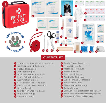 Dog First Aid Kit - Vet Approved Emergency Supplies for Dogs & Cats - Pet First Aid Handbook, Tick Remover, Slip Leash & Medical Essentials for Home, Camping, Car, RV, Travel, Road Trip