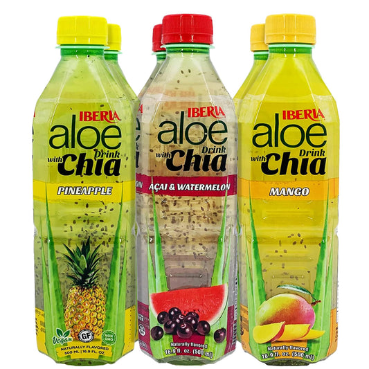 Iberia Aloe Vera Drink with Aloe Pulp and Chia Seeds 16.9 Ounce (Pack of 6) 2 X Watermelon & Acai, 2 x Mango, 2 x Pineapple