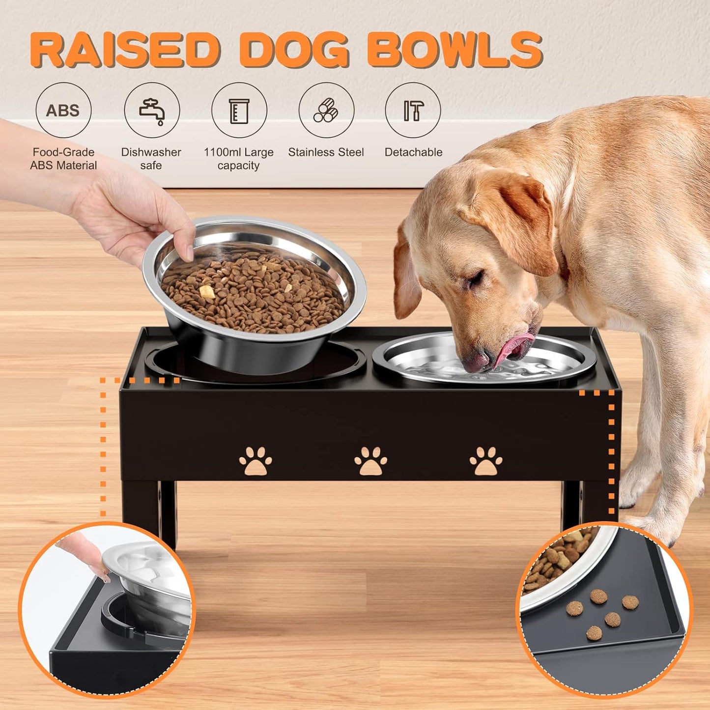 Elevated Dog Bowls with 2 Stainless Steel Dog Food Bowls 5 Height Adjustable Raised Dog Bowl Stand Non-Slip Dog Feeder Adjusts to 3.1”, 9”, 10”, 11”, 12” Tall for Medium Large Dogs - Black