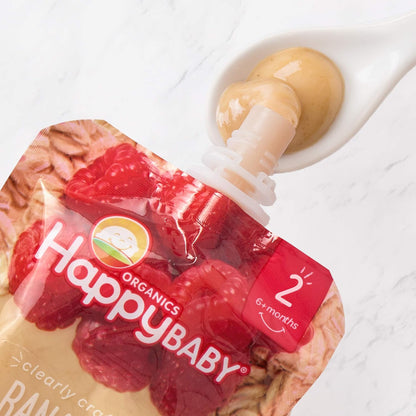 Happy Baby Organics Stage 2 Baby Food Pouches, Gluten Free, Vegan & Healthy Snack, Clearly Crafted Fruit & Veggie Puree, Bananas, Raspberries & Oats, 4 Ounces (Pack of 16)