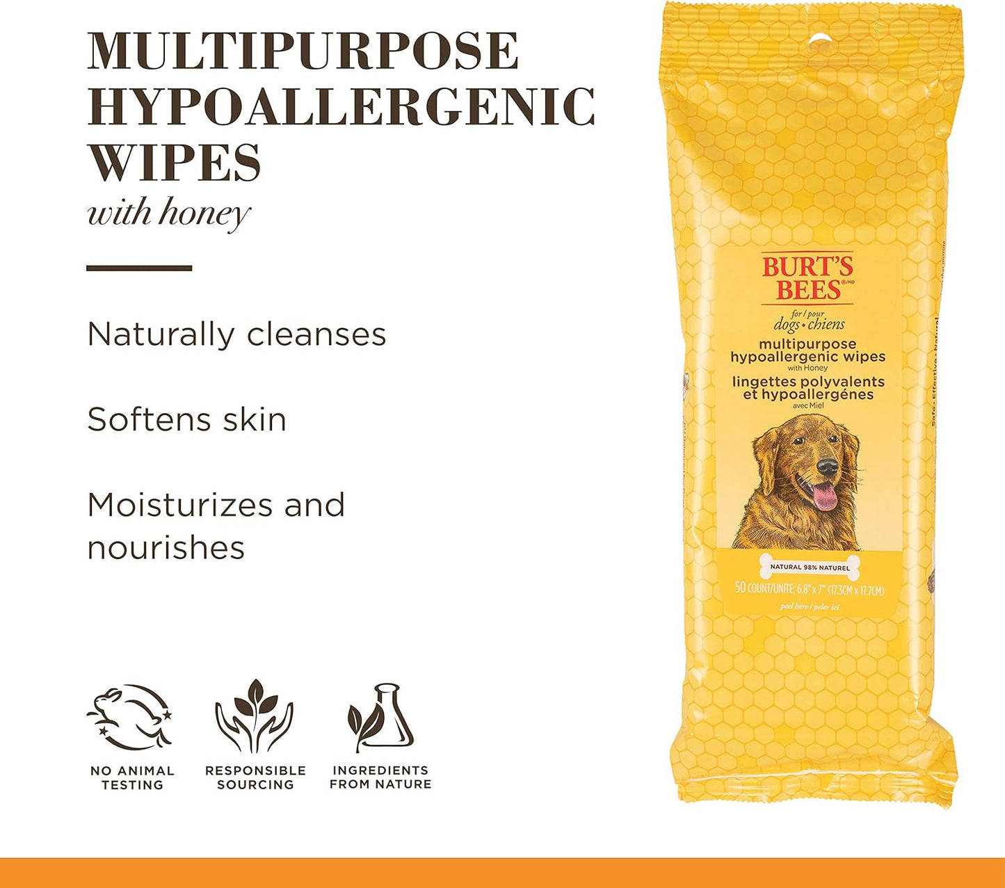 Burt's Bees for Pets Multipurpose Hypoallergenic Dog Wipes - Moisturizing and Deodorizing Grooming Pet Wipes for Dogs, Cruelty Free Pet Cleaning and Bathing Supplies, Puppy Essentials, 50 Count