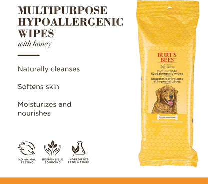 Burt's Bees for Pets Multipurpose Hypoallergenic Dog Wipes - Moisturizing and Deodorizing Grooming Pet Wipes for Dogs, Cruelty Free Pet Cleaning and Bathing Supplies, Puppy Essentials, 50 Count