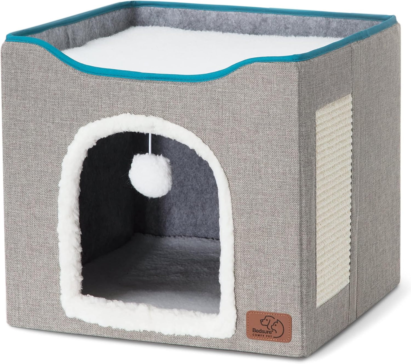 Bedsure Cat Beds for Indoor Cats - Large Cat Cave for Pet Cat House with Fluffy Ball Hanging and Scratch Pad, Foldable Cat Hideaway,16.5x16.5x13 inches, Grey