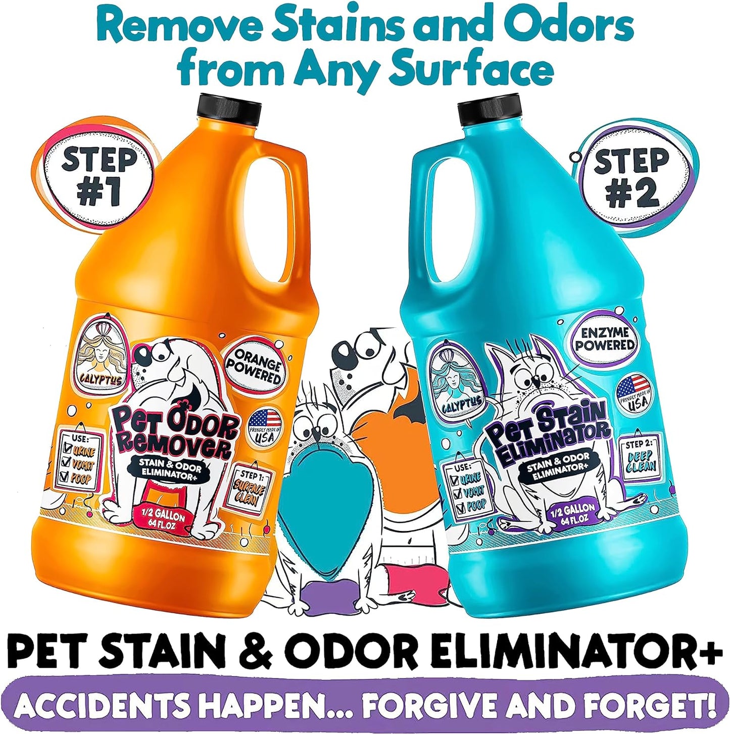 Calyptus Pet Stain and Odor Remover | Orange and Enzyme Cleaner Duo Solution for Pets | 128oz (64oz x 2 Bottles) | Carpet Cleaner and Odor Eliminator for Cat Urine, Dog Pee, and Poop | Pro Strength