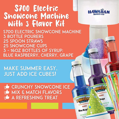 Hawaiian Shaved Ice S700 Kid-Friendly Snow Cone Machine Kit with 3-16oz. Syrup Flavors: Cherry, Grape, and Blue Raspberry, Plus 25 Snow Cone Cups, 25 Spoon Straws, and 3 Black Bottle Pourers