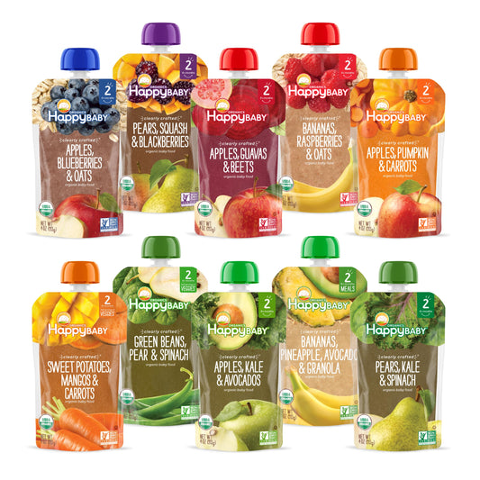 Happy Baby Organics Stage 2 Baby Food Pouches, Gluten Free, Vegan & Healthy Snack, Clearly Crafted Fruit & Veggie Puree, Fruit & Veggie Variety Pack, 4 Ounces (Pack of 10), Amazon Exclusive