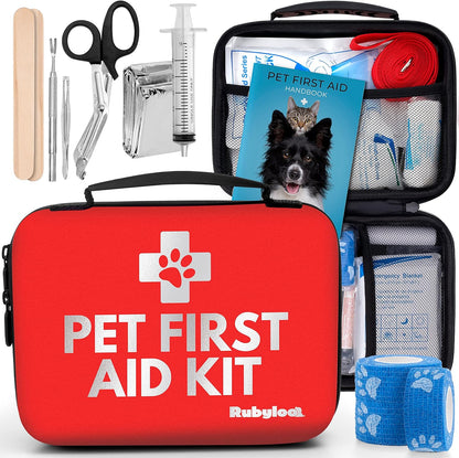 Dog First Aid Kit - Vet Approved Emergency Supplies for Dogs & Cats - Pet First Aid Handbook, Tick Remover, Slip Leash & Medical Essentials for Home, Camping, Car, RV, Travel, Road Trip