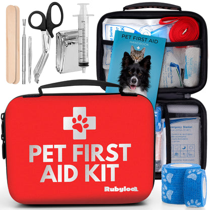 Dog First Aid Kit - Vet Approved Emergency Supplies for Dogs & Cats - Pet First Aid Handbook, Tick Remover, Slip Leash & Medical Essentials for Home, Camping, Car, RV, Travel, Road Trip