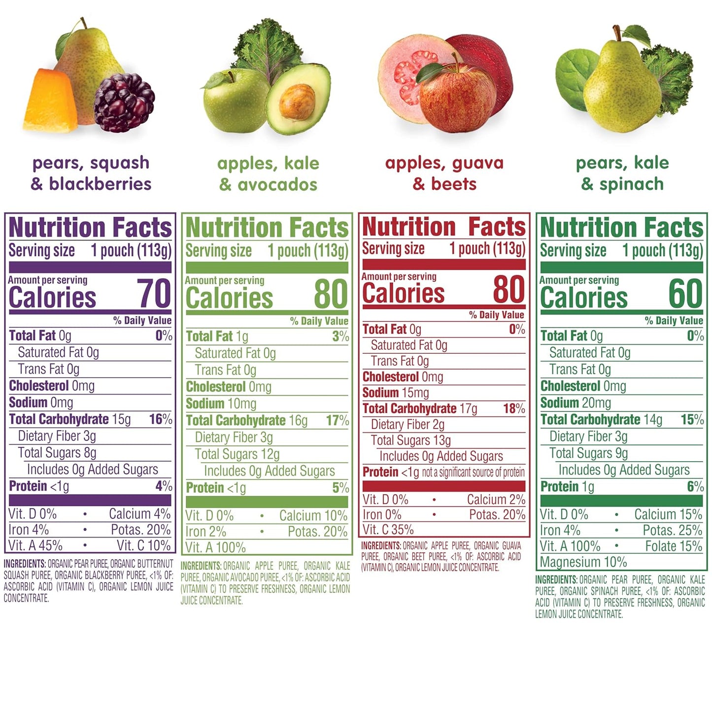 Happy Baby Organics Stage 2 Baby Food Pouches, Gluten Free, Vegan & Healthy Snack, Clearly Crafted Fruit & Veggie Puree, Fruit & Veggie Variety Pack, 4 Ounces (Pack of 16), Amazon Exclusive