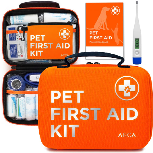 Dog First Aid Kit | Vet Approved Dog & Cat Emergency Supplies with Thermometer, Muzzle, Tick Removal, Flashlight, Mini Pouch, and Comprehensive Care Guide for Travel and Outdoor Use