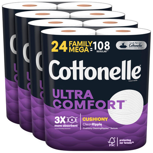 Cottonelle Ultra Comfort Toilet Paper with Cushiony CleaningRipples Texture, 24 Family Mega Rolls (24 Family Mega Rolls = 108 Regular Rolls) (4 Packs of 6), 325 Sheets per Roll, Packaging May Vary