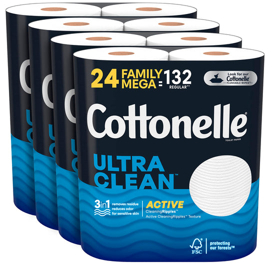 Cottonelle Ultra Clean Toilet Paper with Active CleaningRipples Texture, Strong Bath Tissue, 24 Family Mega Rolls (24 Family Mega Rolls = 132 Regular Rolls) (4 Packs of 6), 388 Sheets per Roll