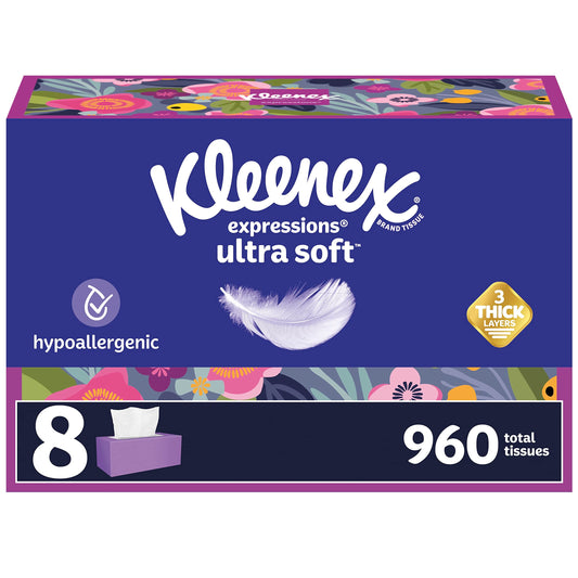 Kleenex Expressions Ultra Soft Facial Tissues, 8 Flat Boxes, 120 Tissues per Box, 3-Ply, Packaging May Vary